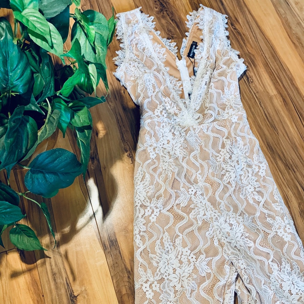 White Lace Contrast Plunge Jumpsuit